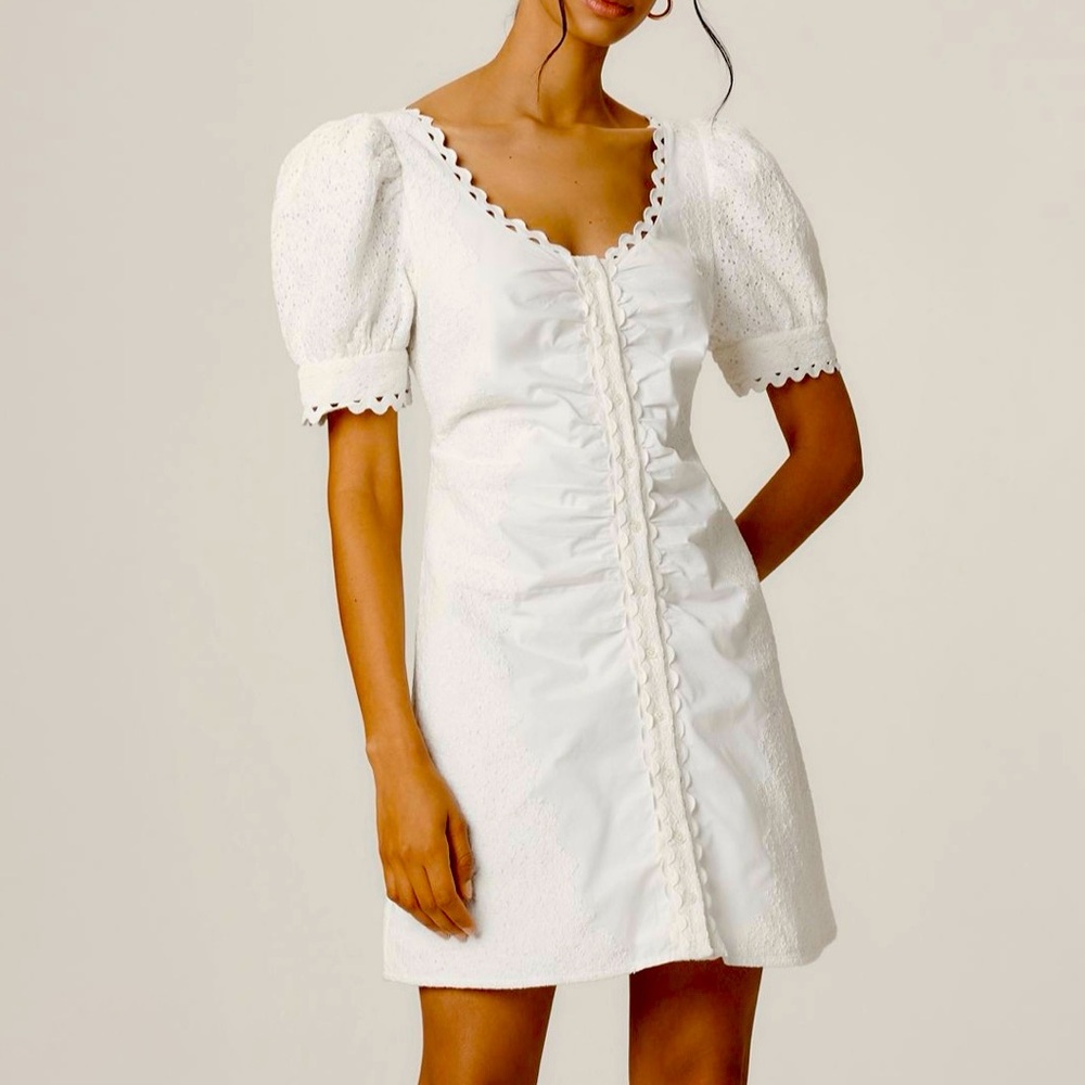 Forever That Girl Cream White Puff Sleeves Scoop Neck Cotton Lace Mini Dress XXS